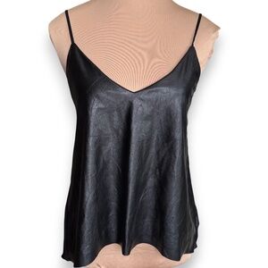 SOLEMIO LOS ANGELES Black Faux Leather & Sheer Hi-Low Camisole S